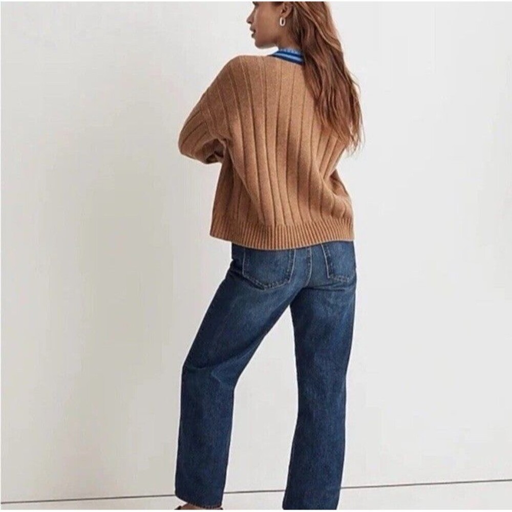 Madewell Varsity V Neck Ribbed Wool Blend Sweater Camel Blue Women M FA23 - Picture 5 of 8